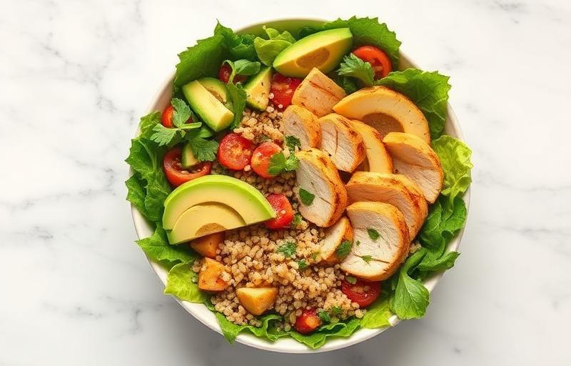 Fresh grain bowl with chicken and avocado