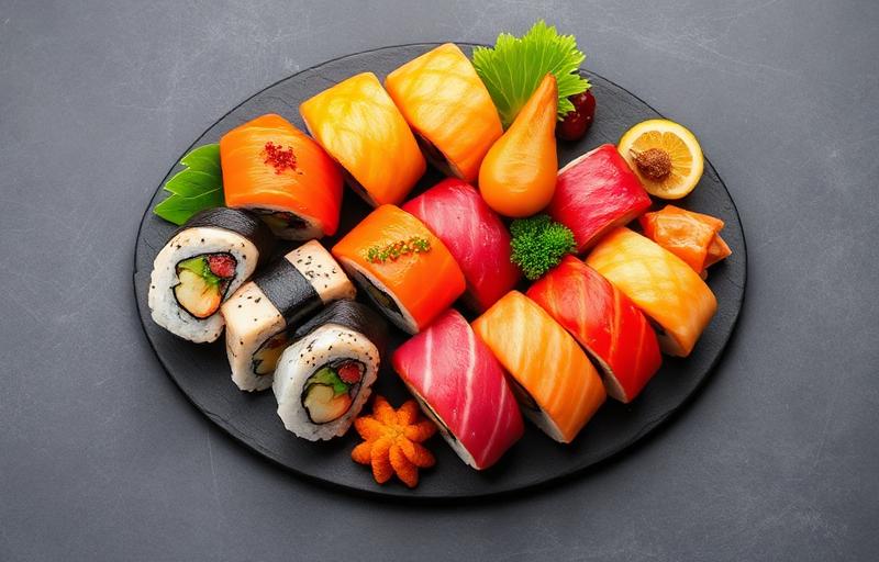 Colorful sushi platter on slate